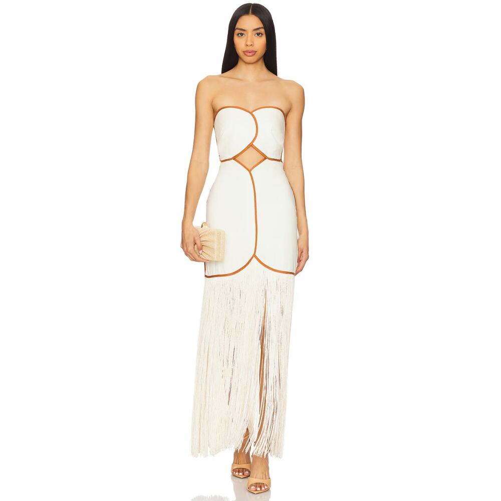 AZULU Joaquina Dress in Ecru Women's Medium Linen Strapless Fringe Midi